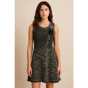 Whish Gray Knit Sweater Dress S Fringe Rosette Detail Artsy‎ Textured Boho